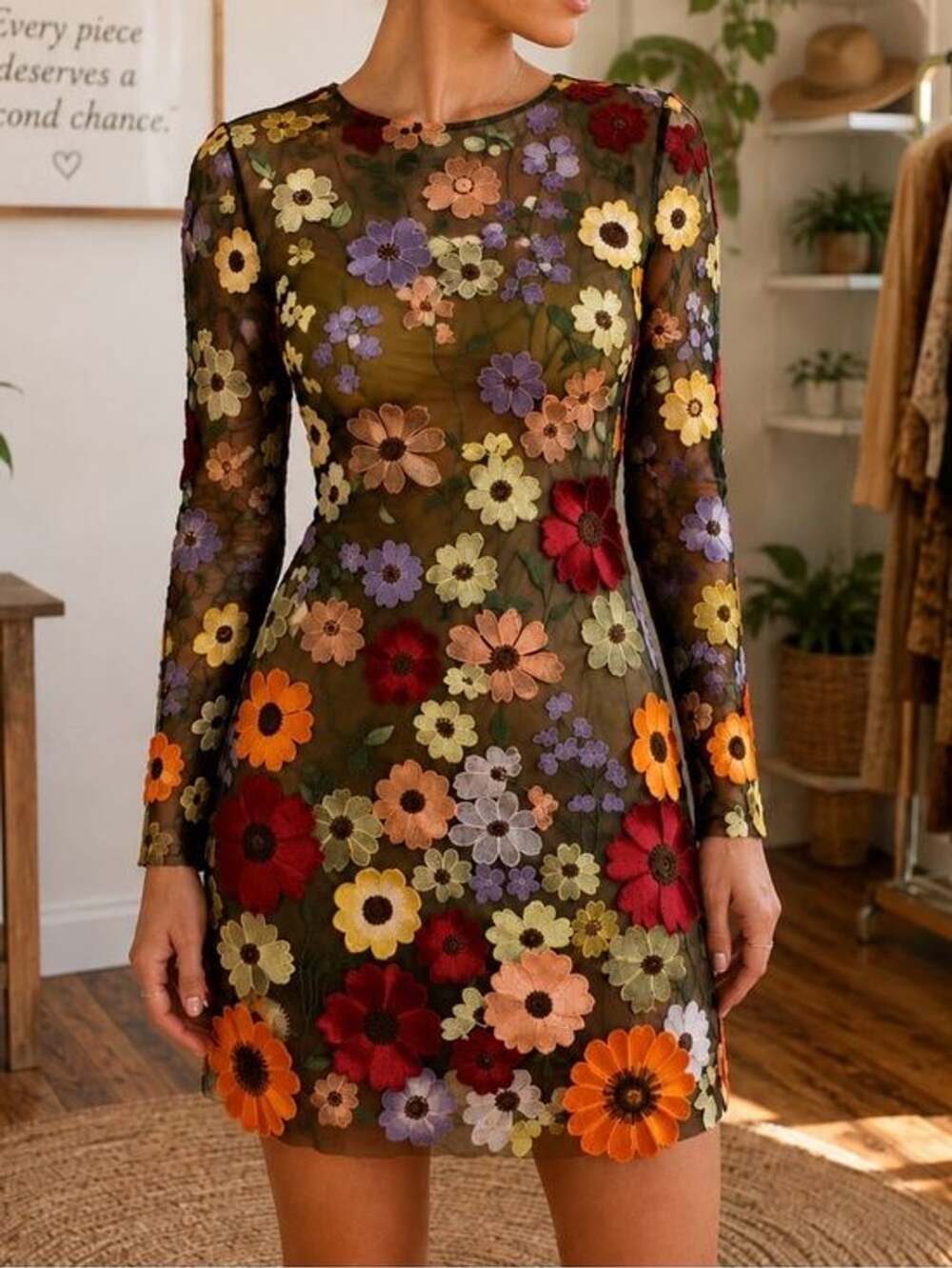 Mew Mews NWT Floral Embroidered Sheer Mesh Open Back Mini Dress - Picture 3 of 8